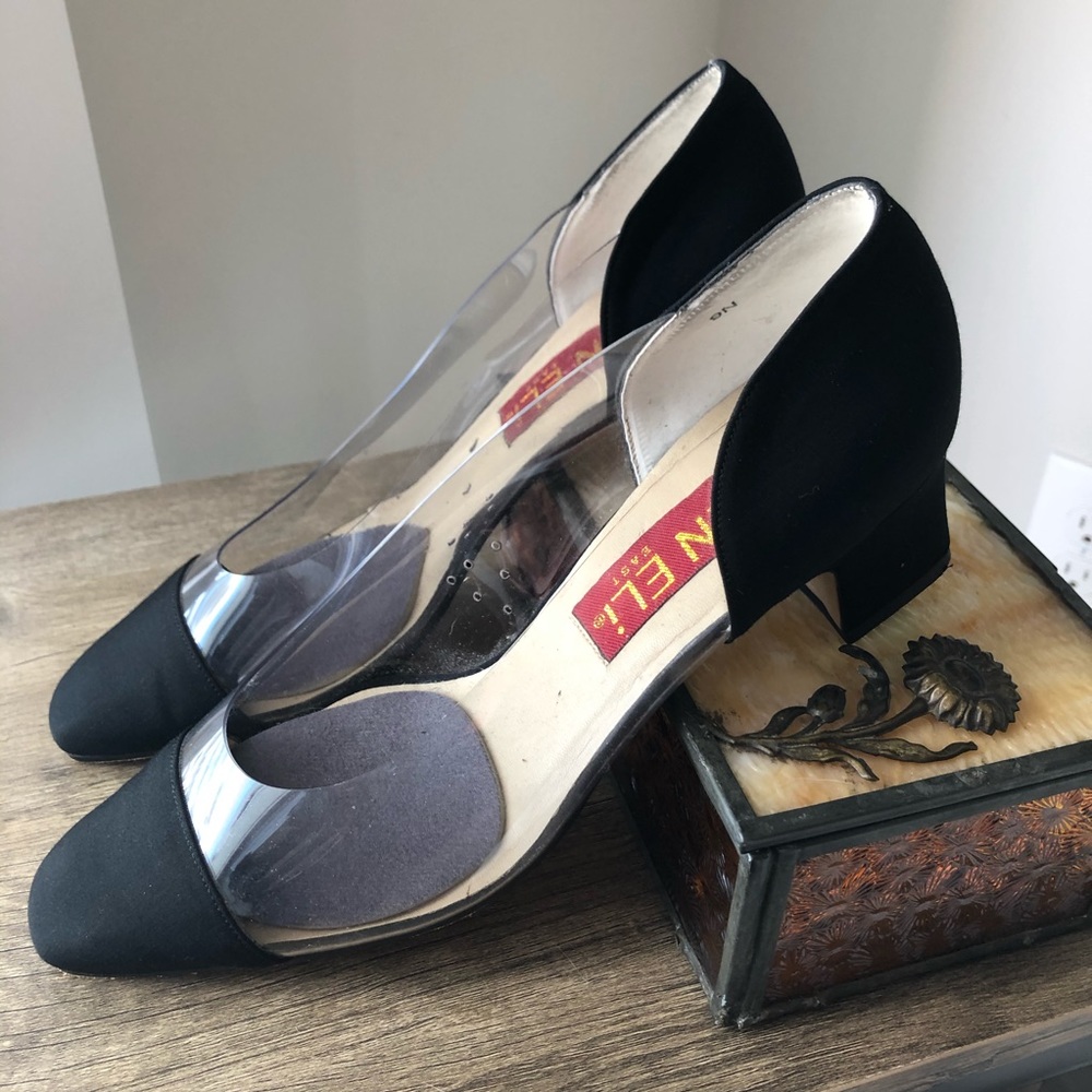Vaneli Heels Vintage Clear Lucite Black Square Toe Black‎ Block 9 Narrow